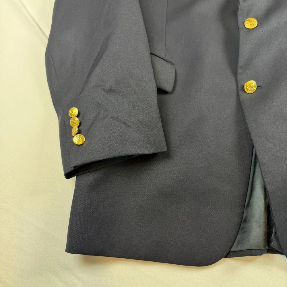Chaps Mens Navy Blue 100% Wool Blazer Gold Crest Buttons Sport Coat 46L